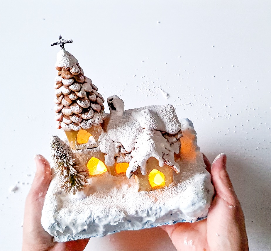 Mini Church in Winter with Fake Snow Using Toilet Paper Roll Tube