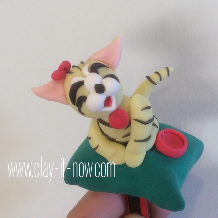 cat on the pillow pencil topper - clay cat figurine